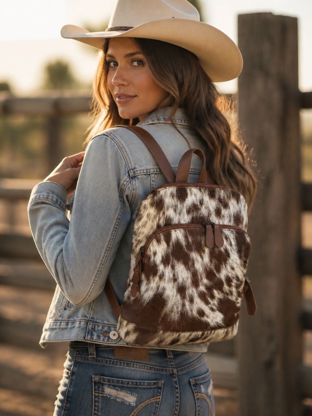 Small Cowhide Leather Backpack | Western Boho Tan Brown White Boutique Bag NWT - Picture 2 of 10